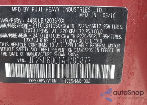 2010 Subaru Forester 2.5X Limited из США, поврежденный, VIN JF2SH6DC1AH786873